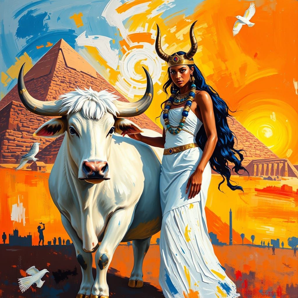Egyptian Goddess of Love Beside a White Bull in Front of Giz...