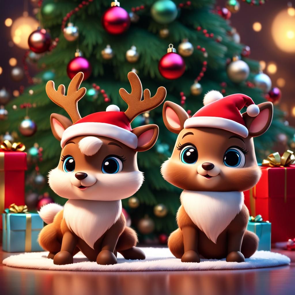 Cute Chibi Reindeer Christmas Scene in 3D