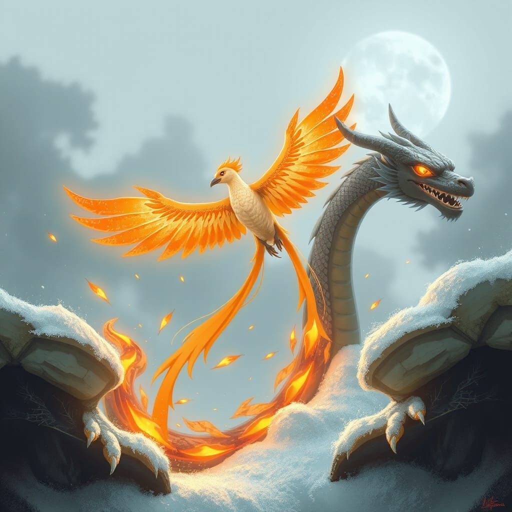Phoenix and Dragon Friends in Fiery Flight