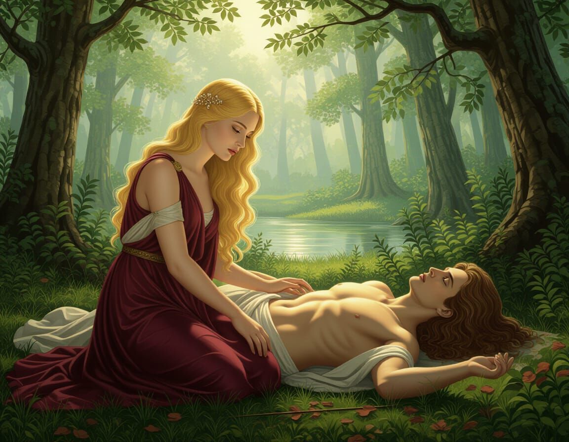 Mourning Venus and Adonis in Ethereal Forest