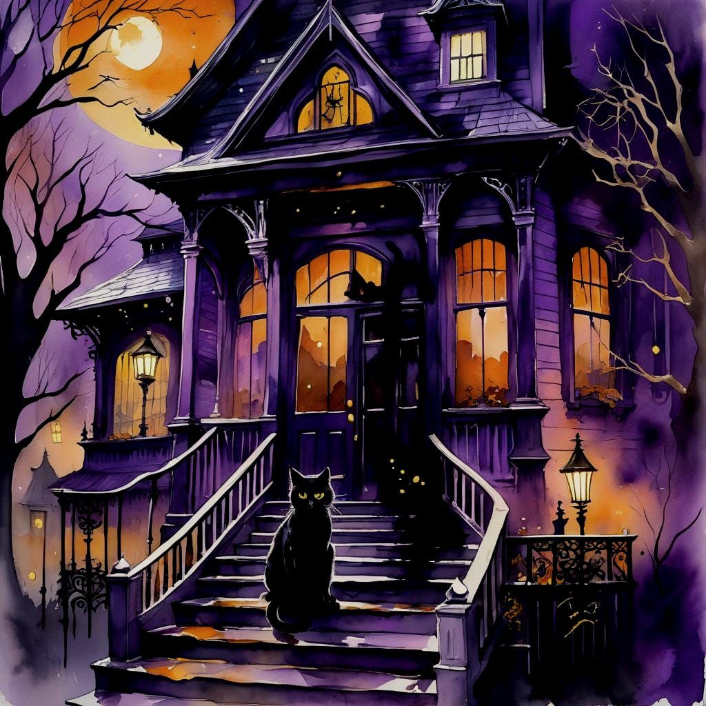 Purple Victorian Haunted House with Black Cat