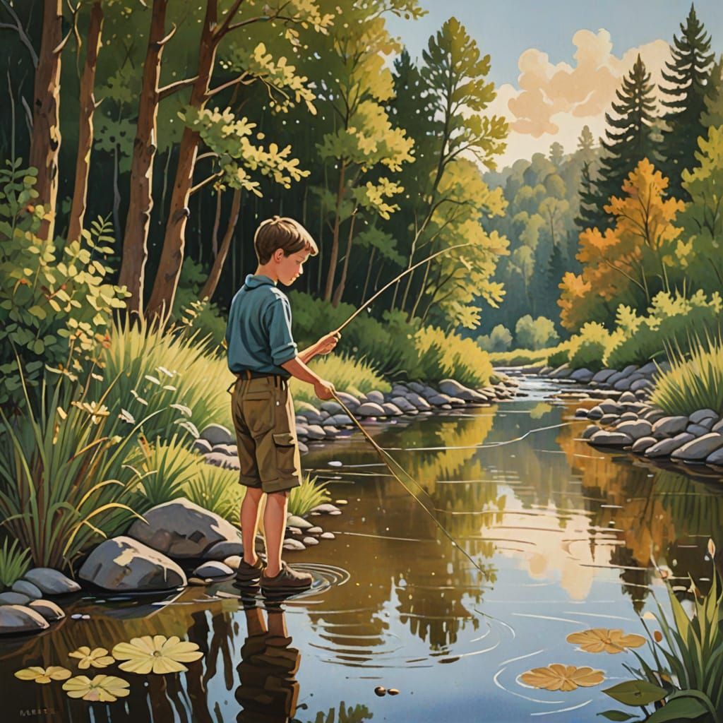 Whimsical Folk Art Painting of Boy Fishing in Creek