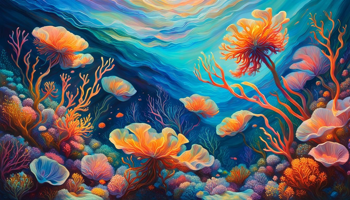 Bioluminescent Flowers on a Coral Reef: Impressionistic Oil ...