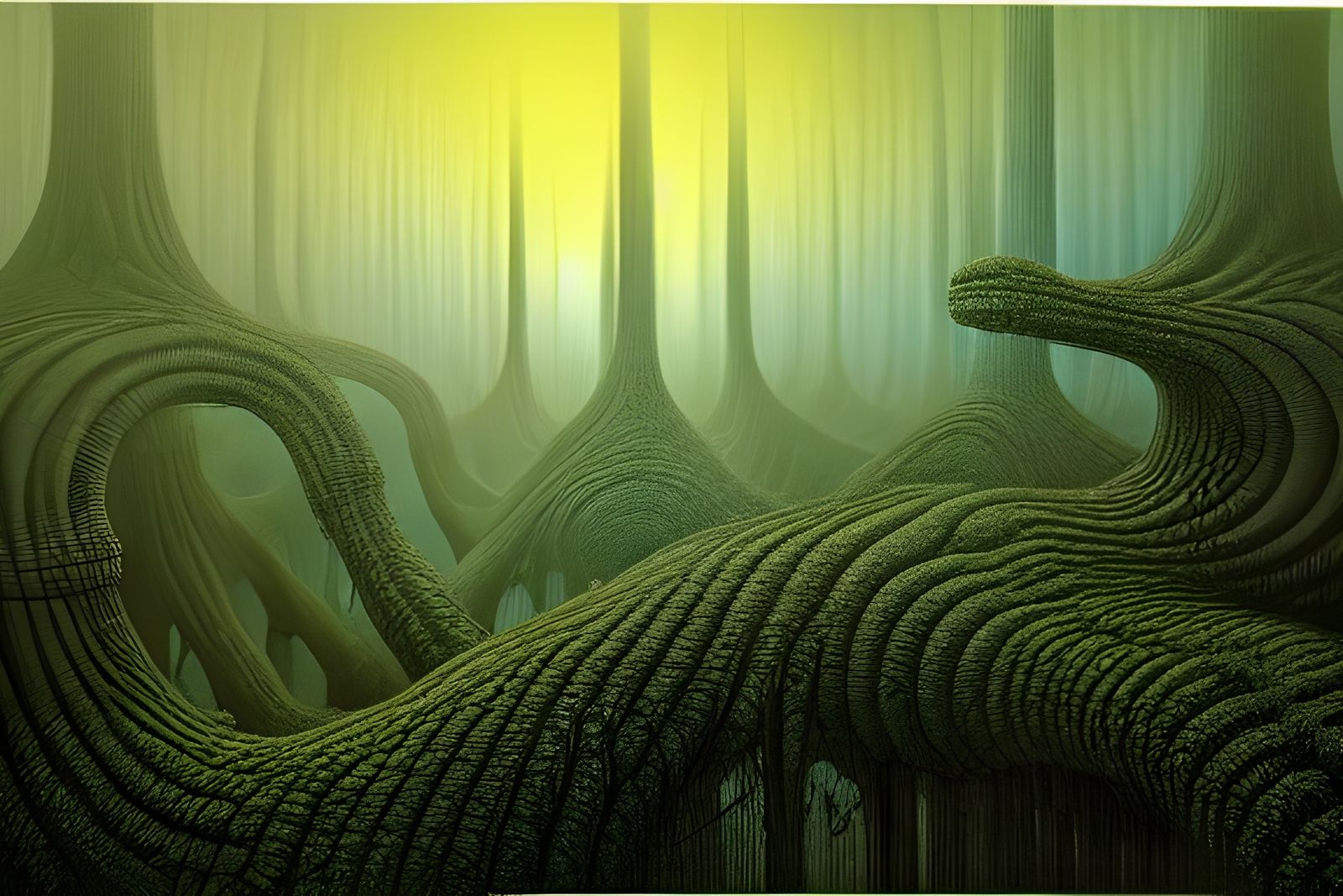 Surreal Forest Landscape at Dawn in Giger Style