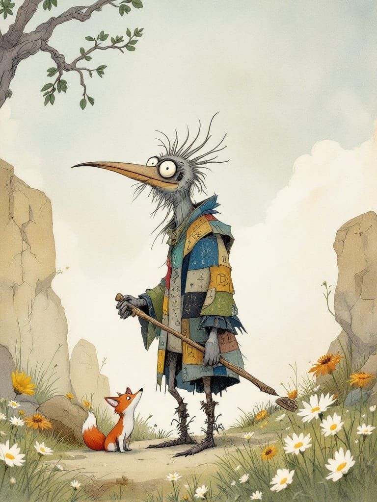 Whimsical Bird-like Figure in Meadow, Storybook Illustration