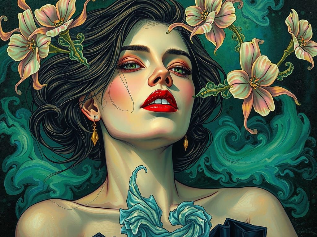 Impasto Cascade Hallucination woman portrait morphine absinth green couch vapors