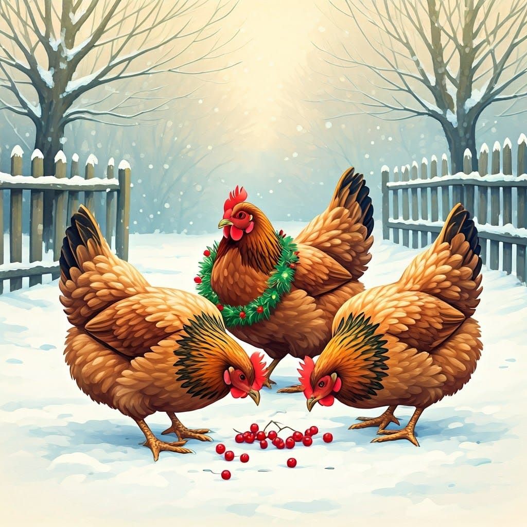Impressionistic Christmas Scene with French Hens and Snowy F...