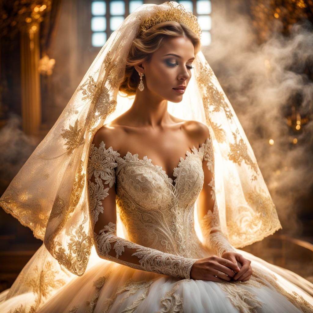 Bride in Golden Lace Wedding Gown, Digital Art