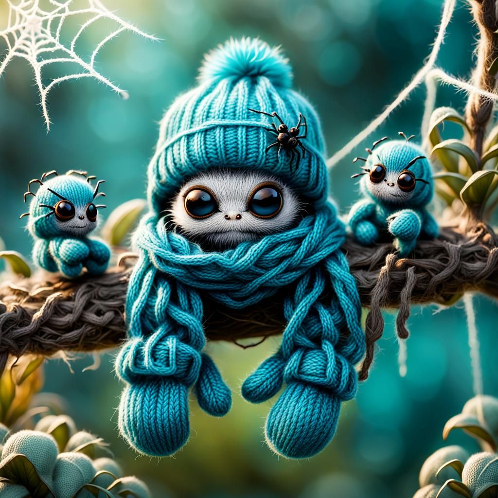 Baby Spiders in Teal Knitwear: Fantasy Macro Image