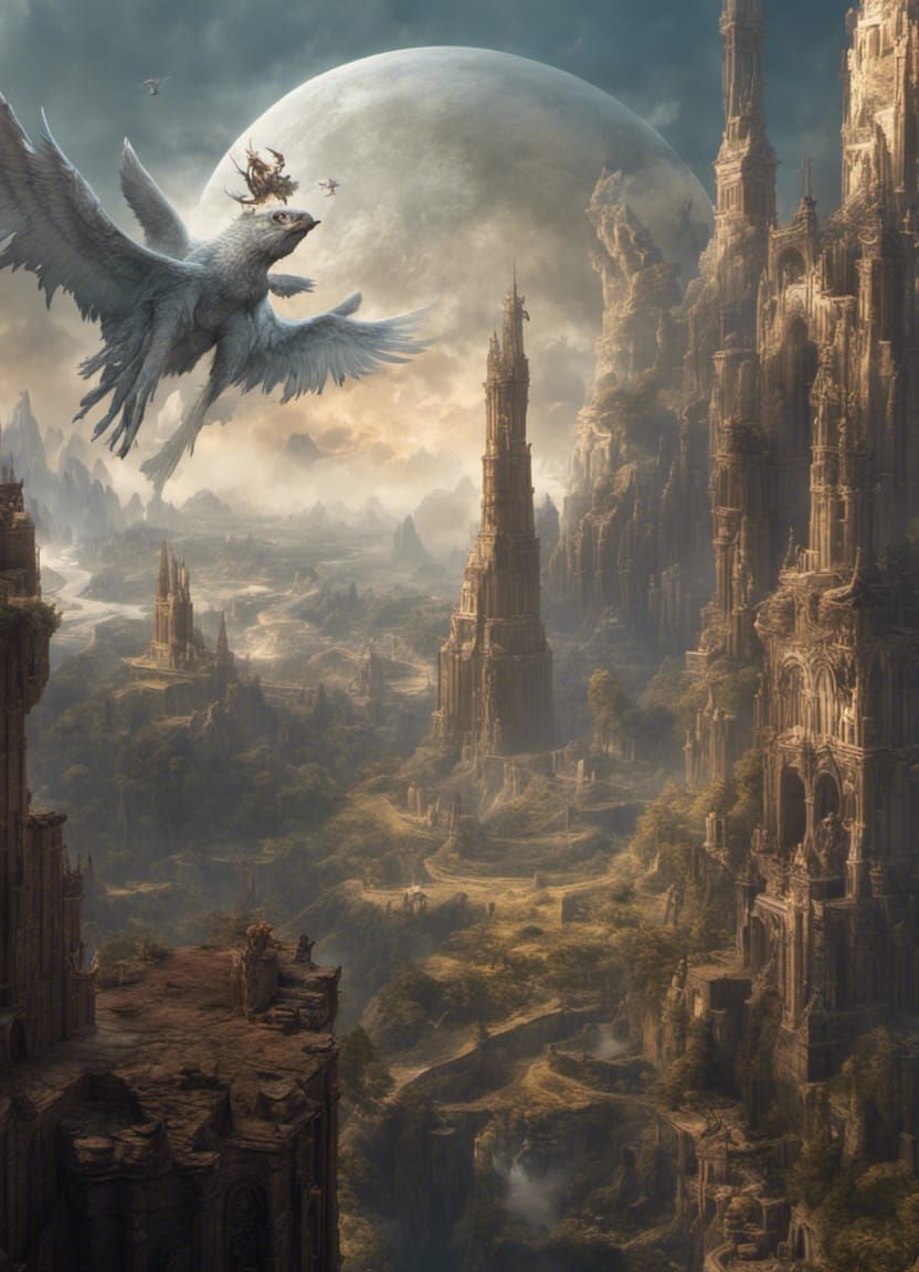 Winged Nephilim Ascending Babel Tower