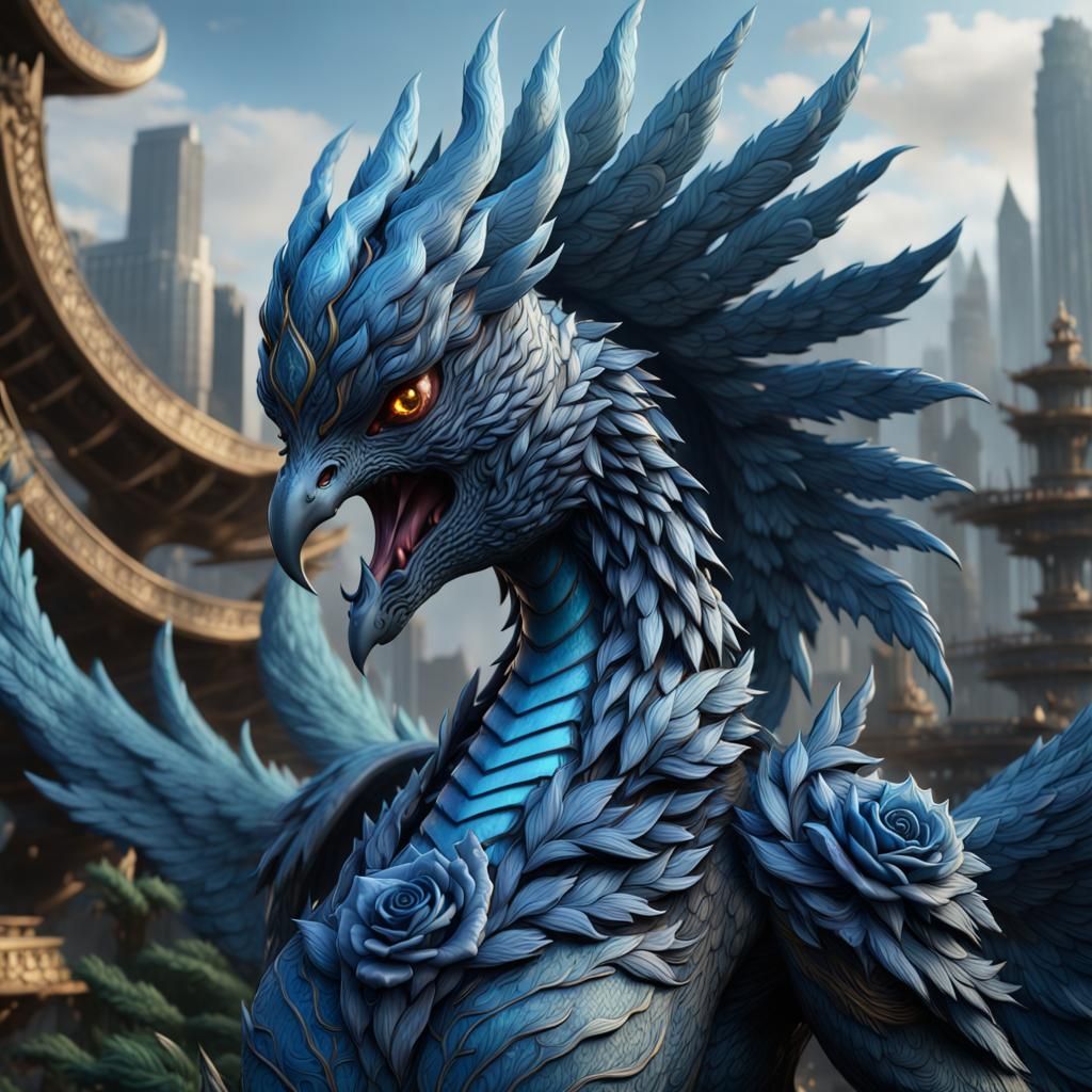 Female Kaiju Blue Rose Phoenix: Detailed Fantasy Art