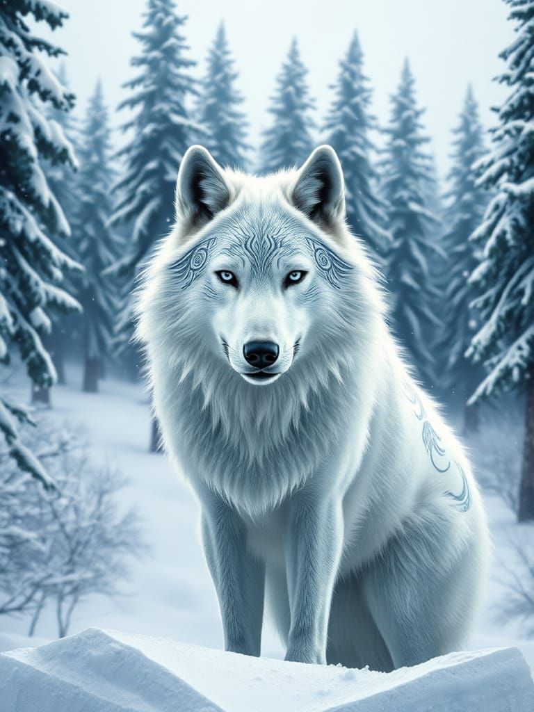 Majestic White Wolf with Tribal Designs in a Snowy Forest