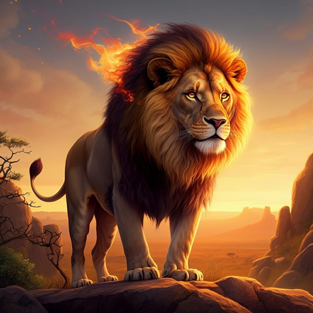 Majestic Lion Dominates Sunset Landscape in Photorealistic S...