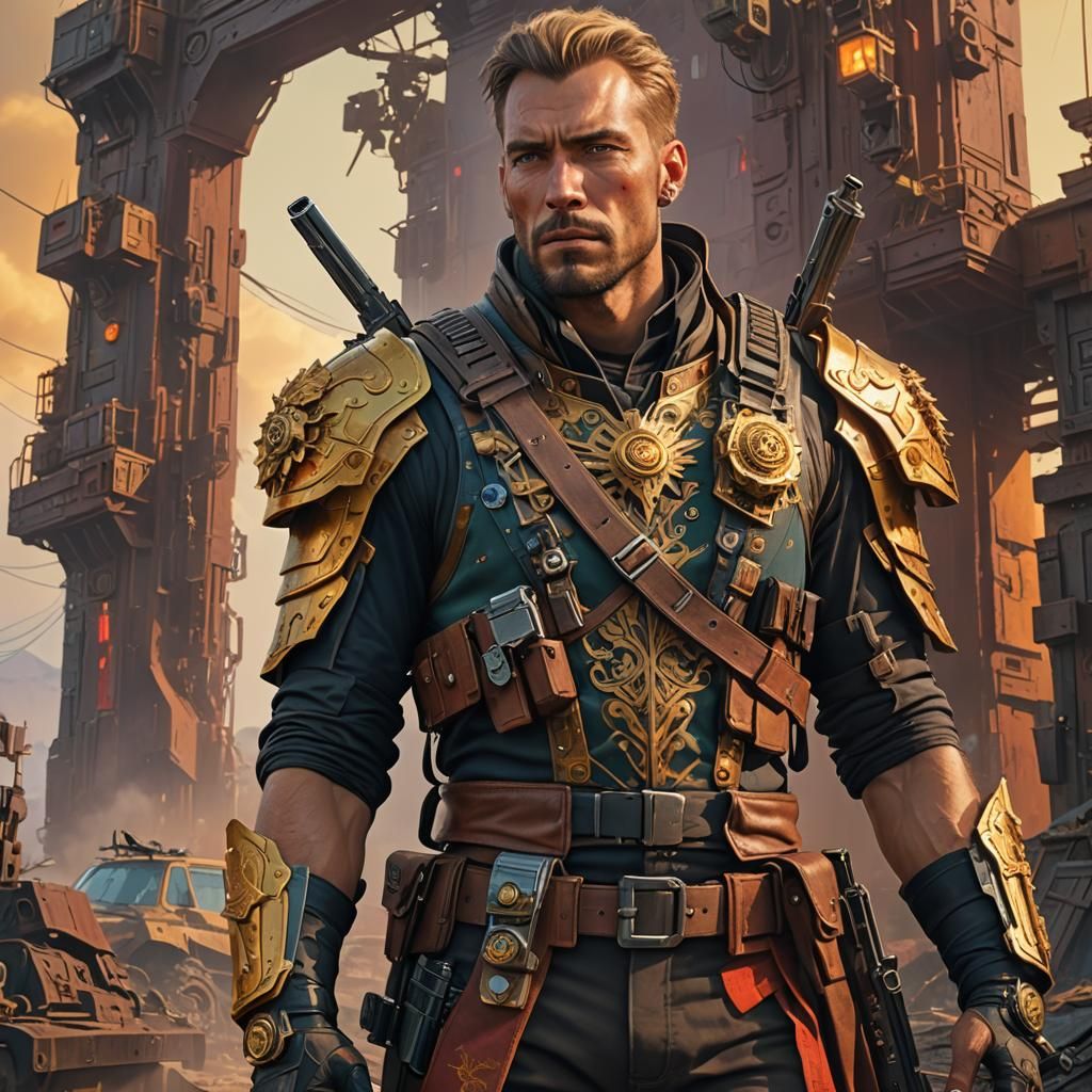 Fantasy Hero with Guns in Digital Art Style