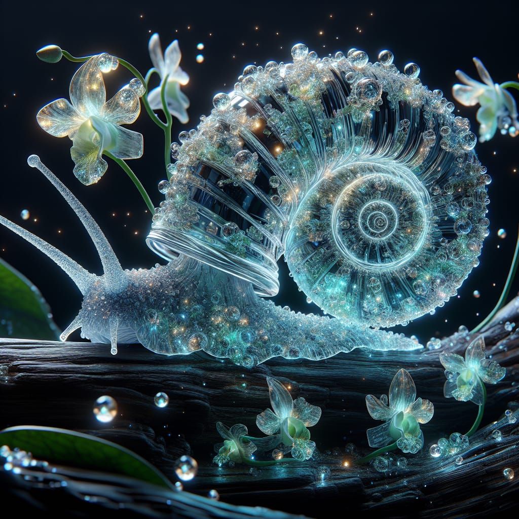 Bioluminescent Orchids in Jade Snail Shell Sculpture