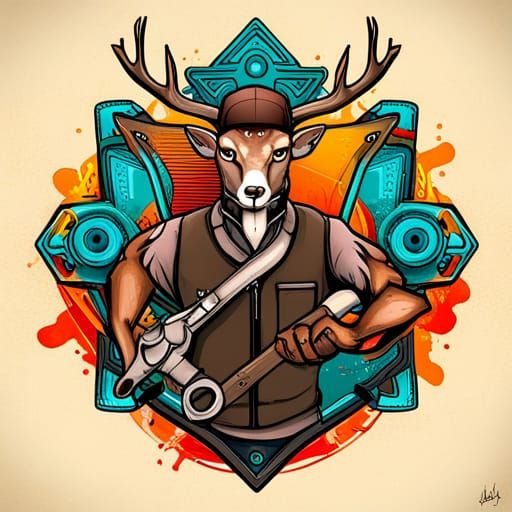 Anthro Deer Mechanic with Wrench in Graffiti Art