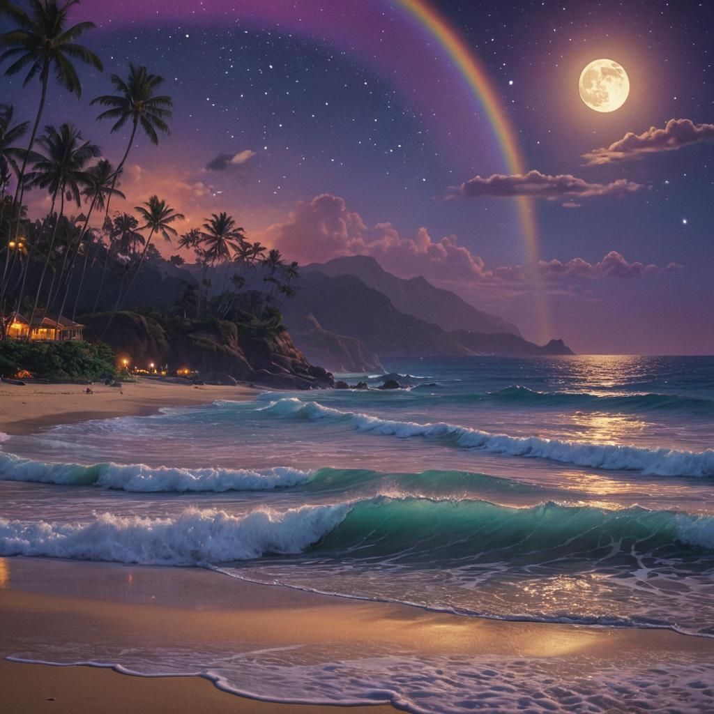 Dreamy Midnight Beach with Rainbow Lights