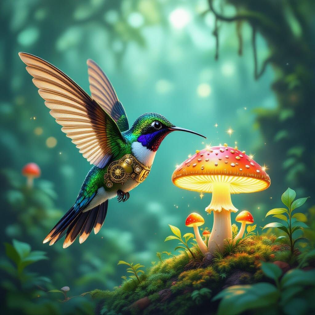 Steampunk Hummingbird in Bioluminescent Forest Watercolor