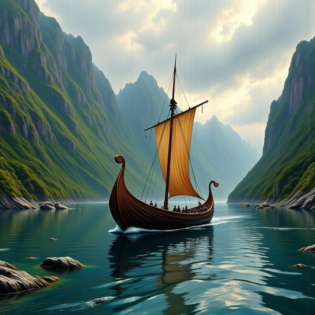 Viking Longboat in Nordic Fjord: Aerial Digital Painting