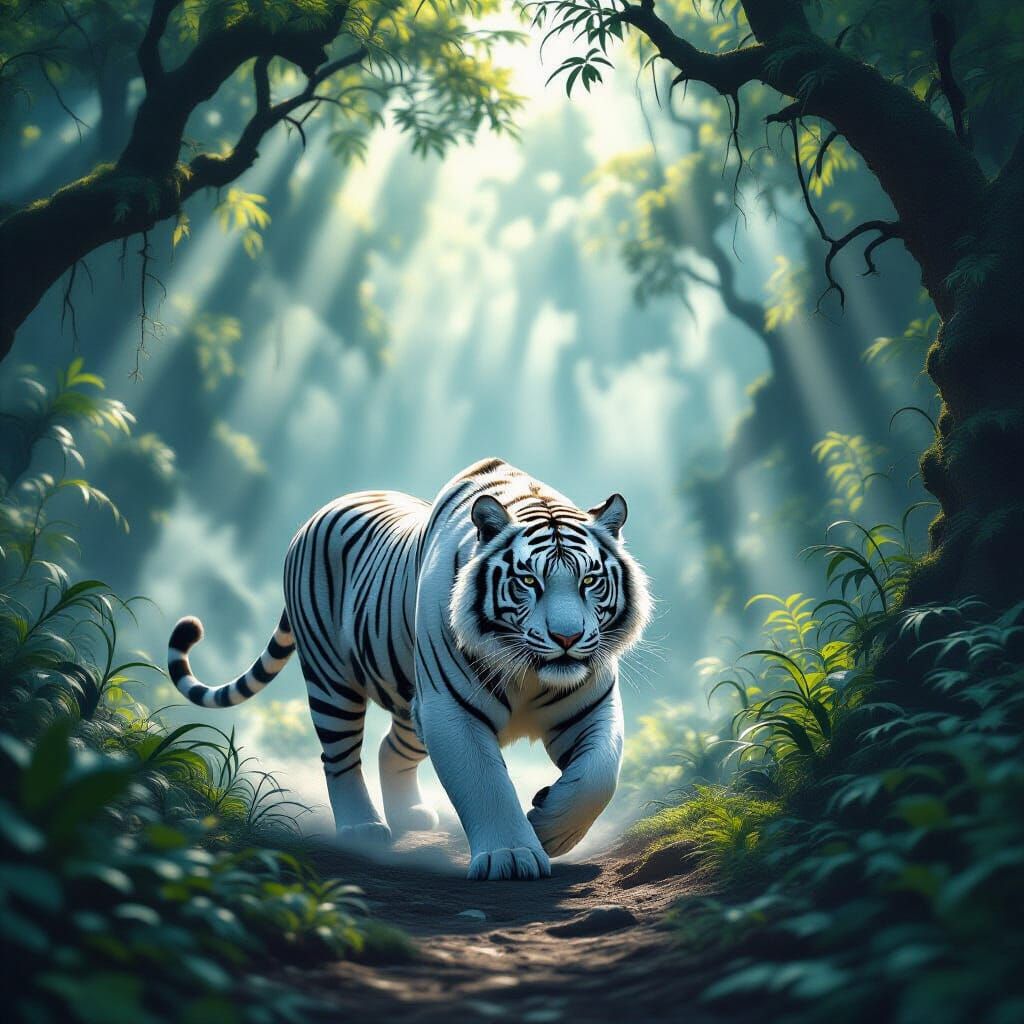 Majestic White Tiger in Misty Forest