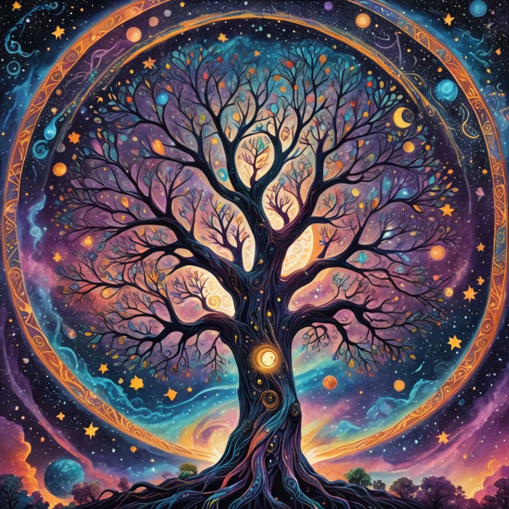 Tree of Life Below Astral Galaxy in Holographic Art