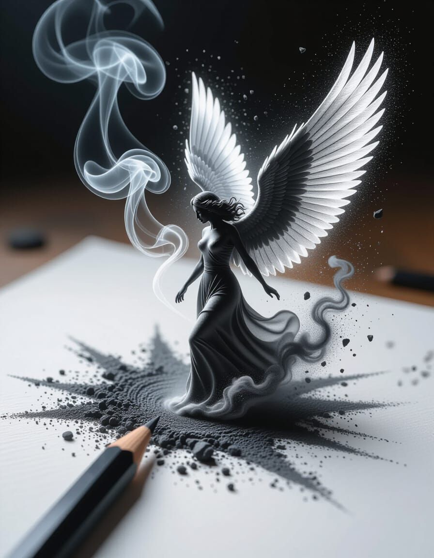Charcoal Pencil Sketch Transforms into Angel Taking Flight