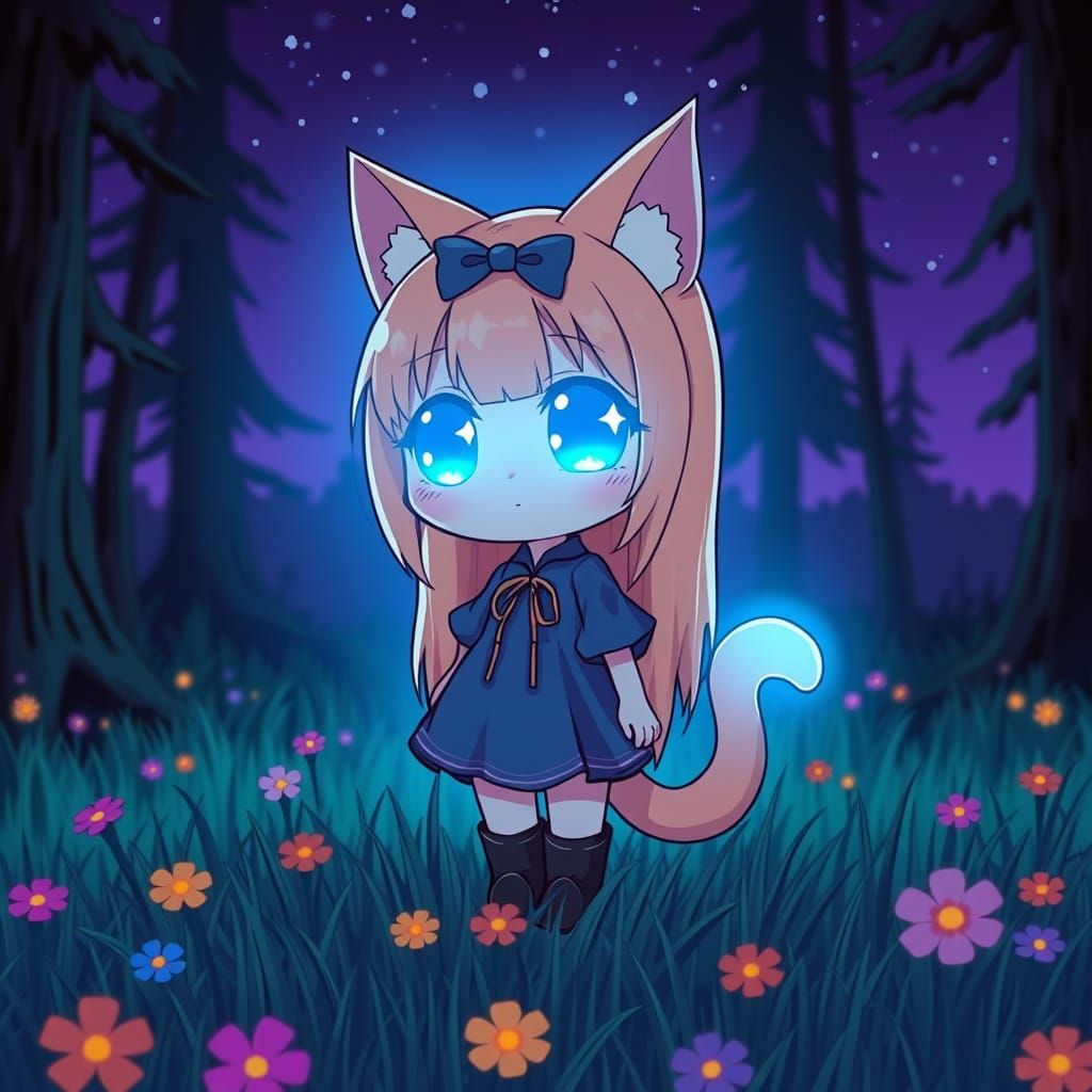 Synthwave Catgirl Illuminates Forest with Glowing Eyes