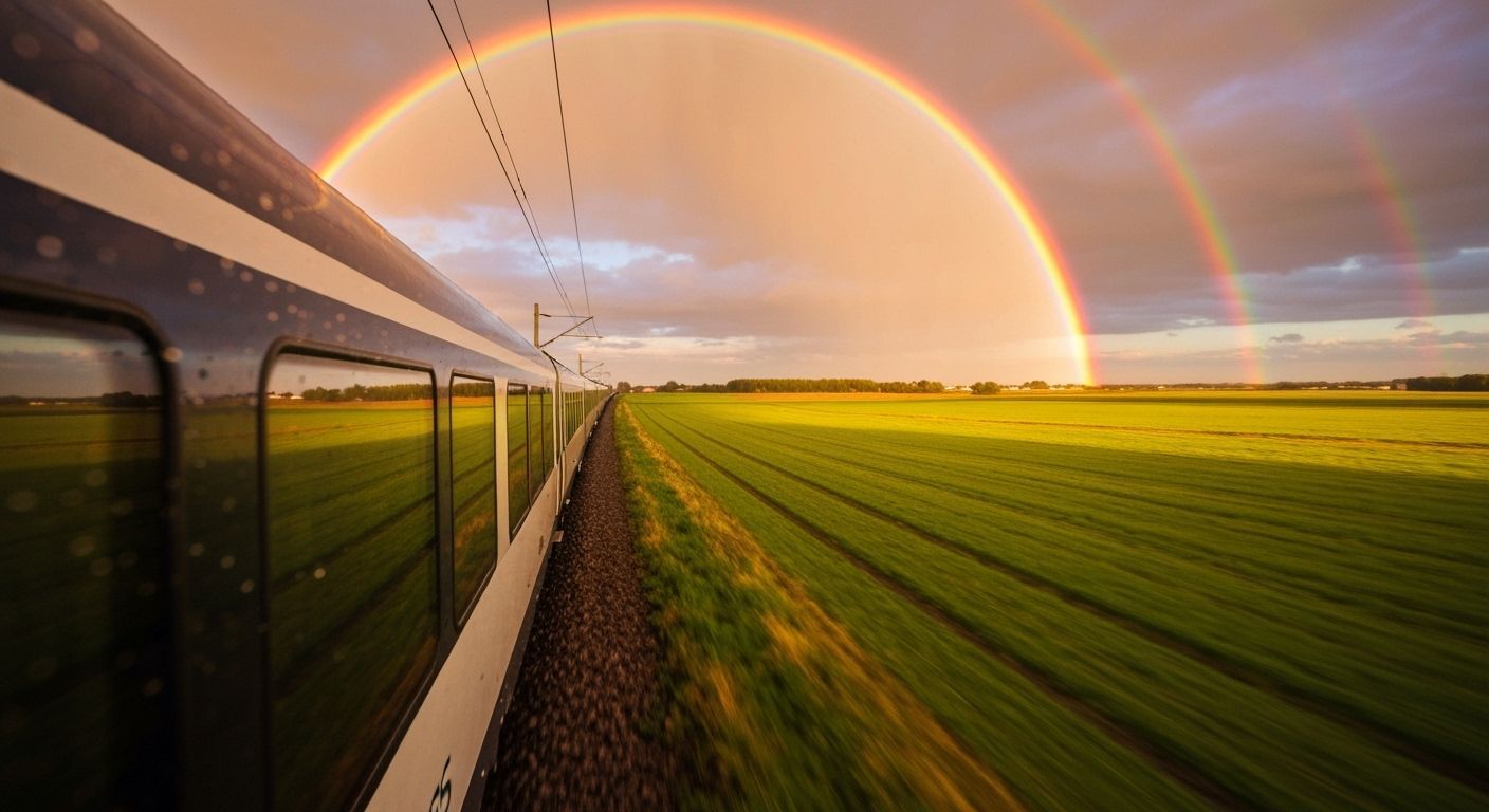 Woman Gazing at Rainbow from Train Window