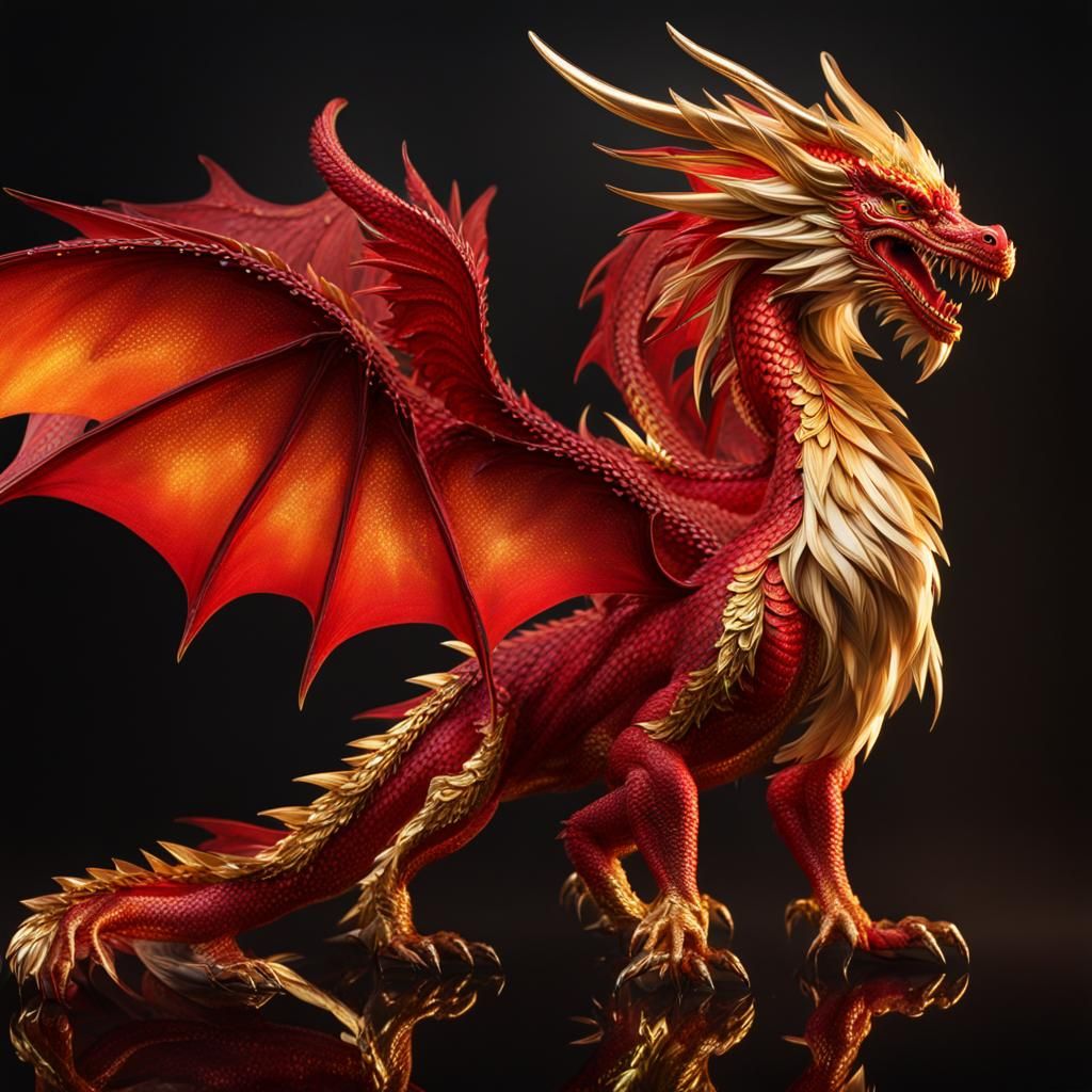 Majestic Red and Orange Dragon with Golden Wings
