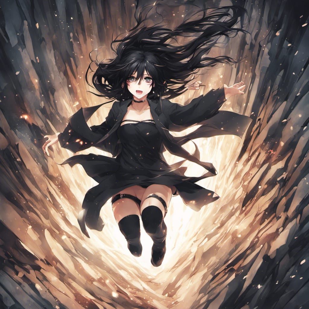 Anime Woman Falling into Dark Abyss