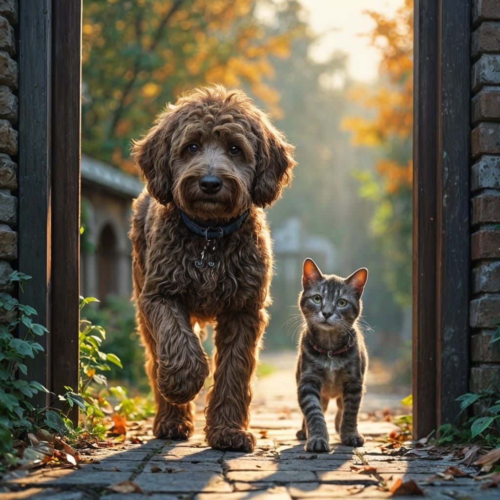 Poodle and Tabby Cat's Daily Walk