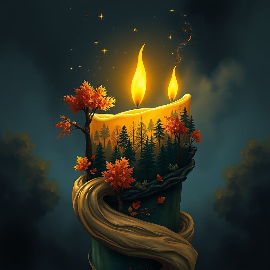 Mystical Candle Illuminates Autumnal Scene in Fantasy Concep...