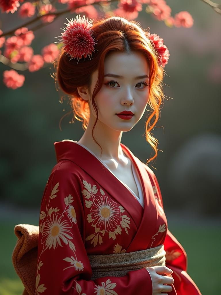 Geisha in Moonlight with Crimson Kimono