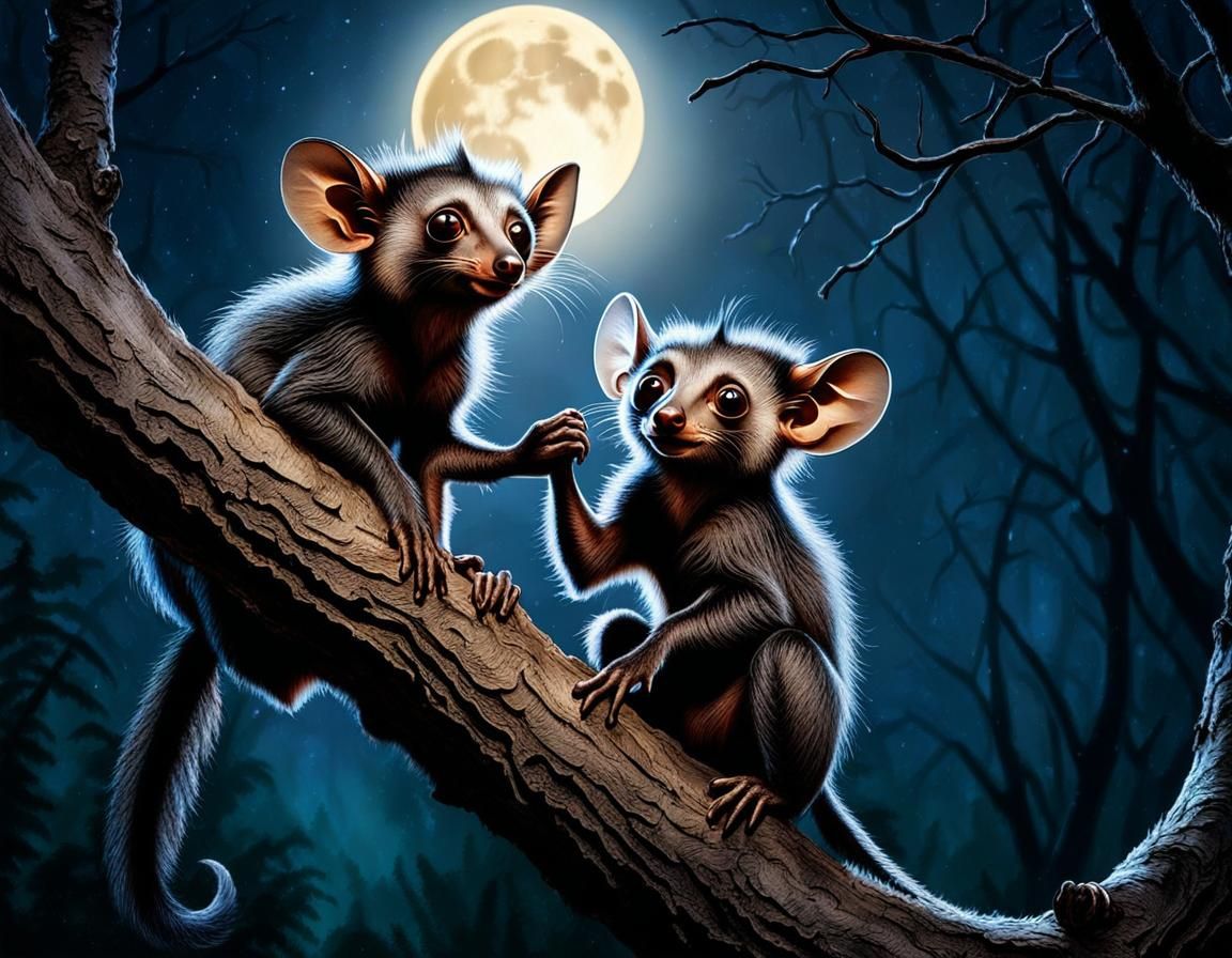 Realistic Aye-Aye High Five Under Full Moon