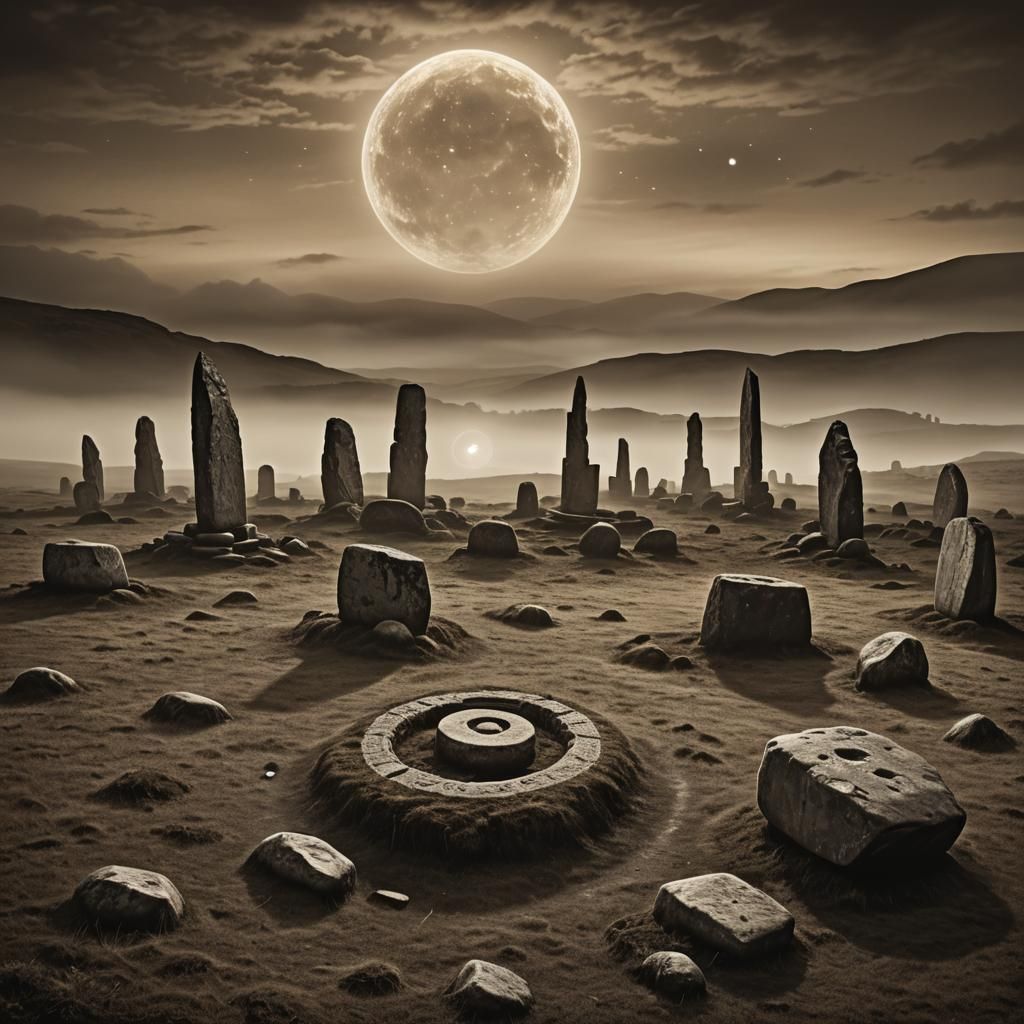 Moonlit Moor with Celtic Stone Circle in Sepia