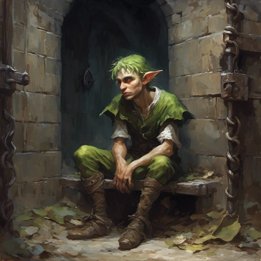 Hyperrealistic Elf Crying in Prison Cell