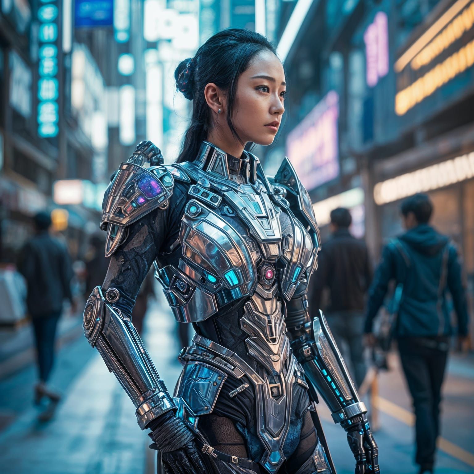 Cybernetic Korean Woman in Futuristic City