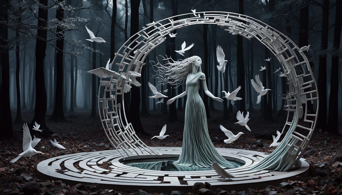 Surreal Bio-Art Sculpture in Moonlit Labyrinth