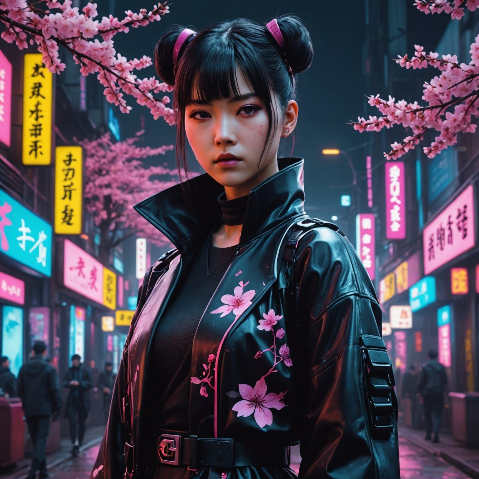Cyberpunk Japanese Gothic Girl in Cherry Blossoms
