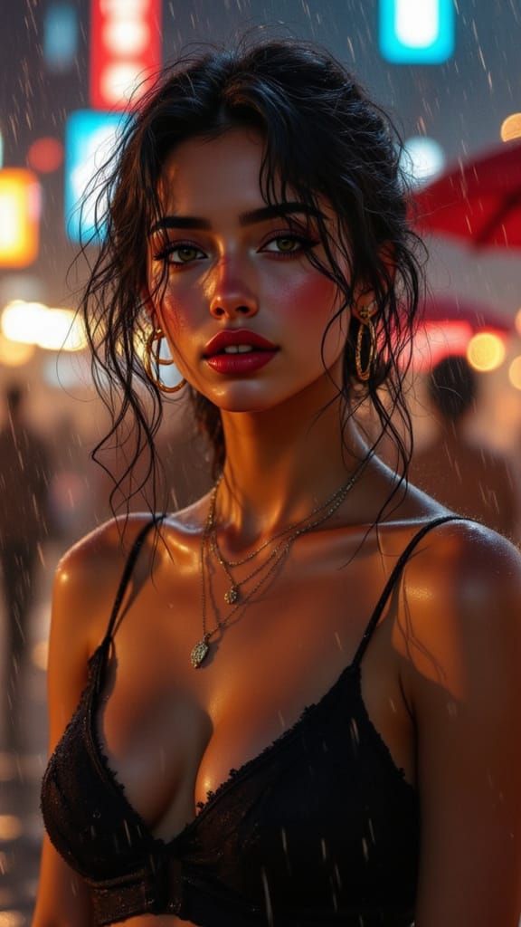 Ethereal City Goddess Basks in Neon Rainfall