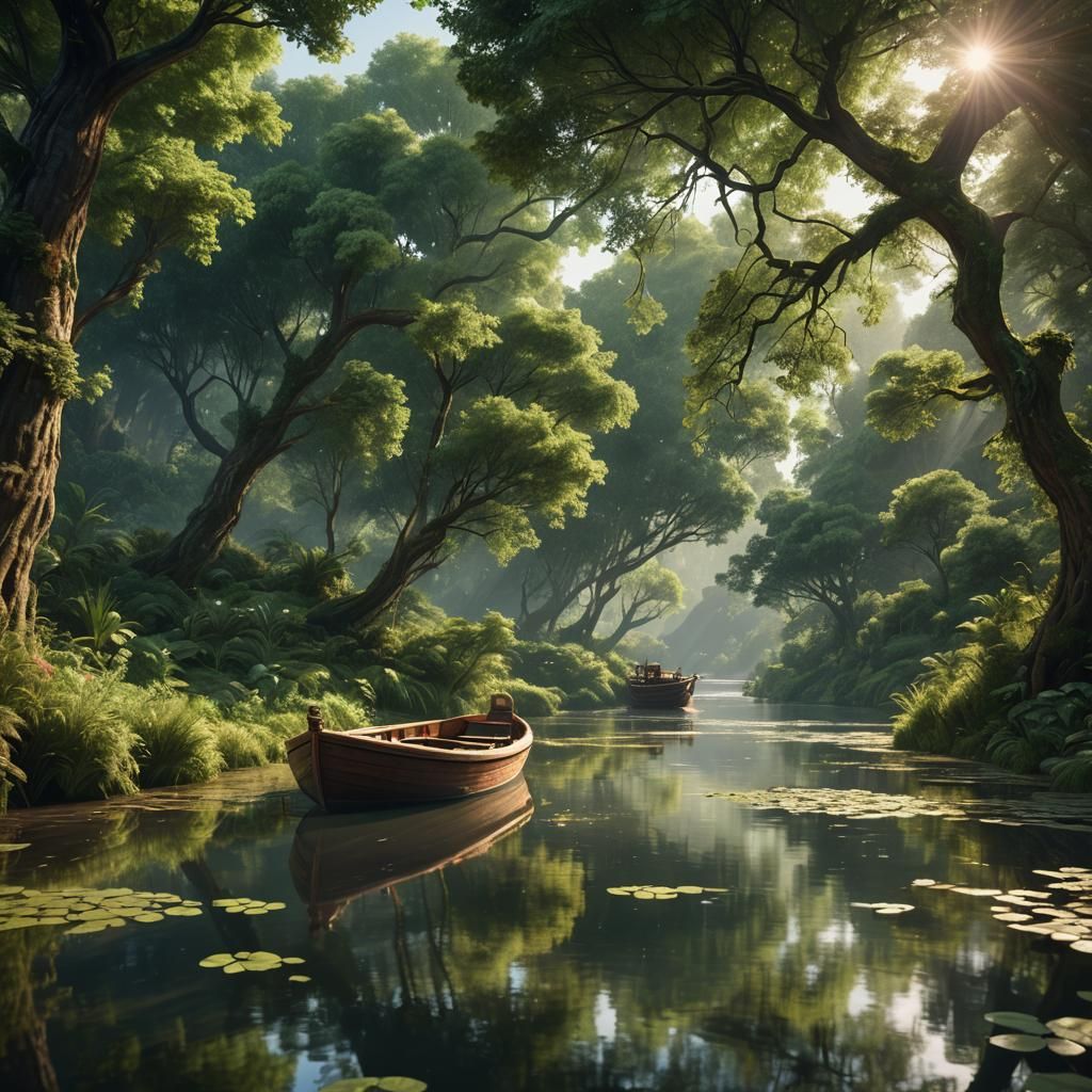 Serene River Boat in Detailed Matte Painting Style