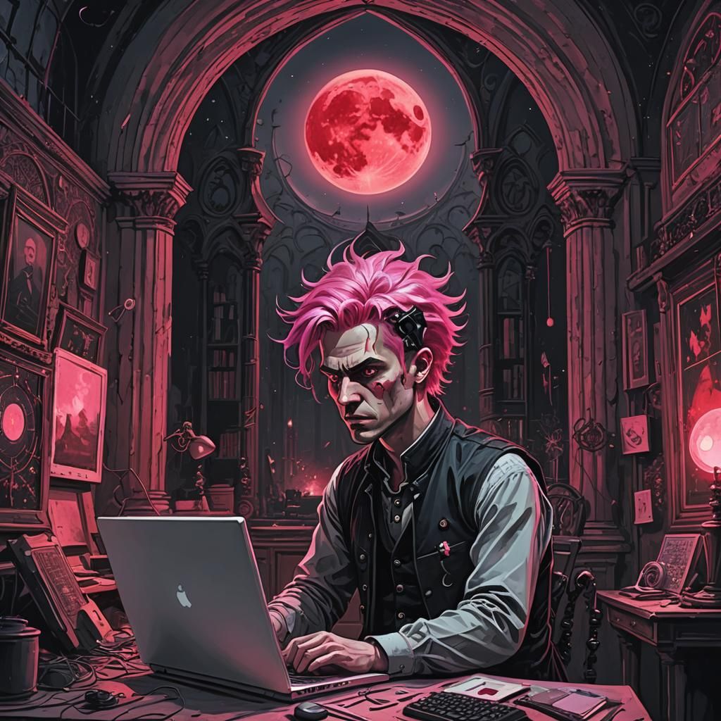 Gothic Room: Man Creates AI Art Under Red Moon
