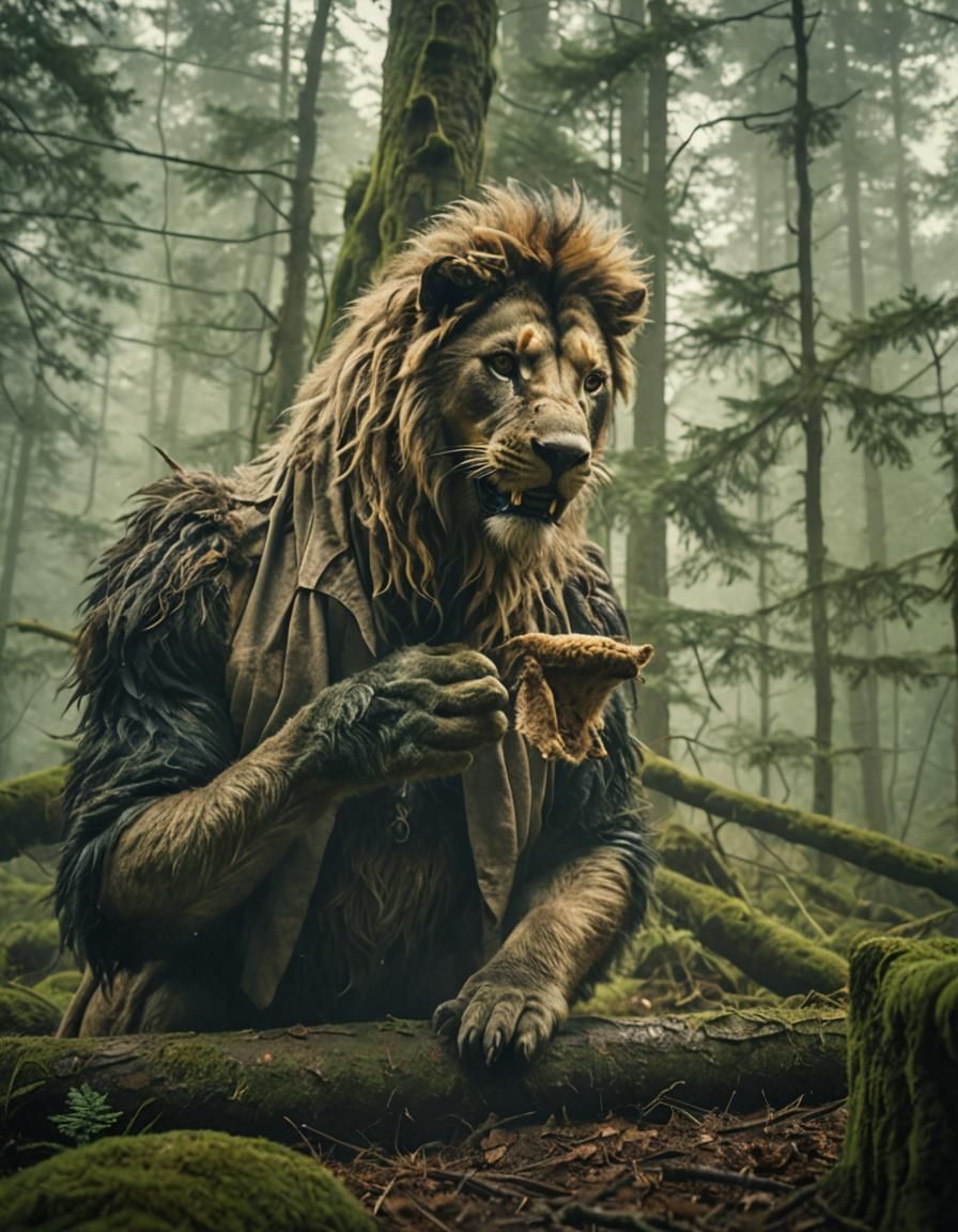 Half-Pig, Half-Lion Creature in Misty Forest