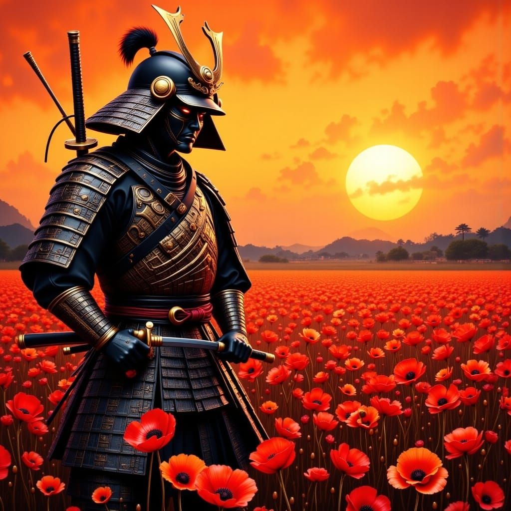 Samurai in Poppy Field with Ornate Armor