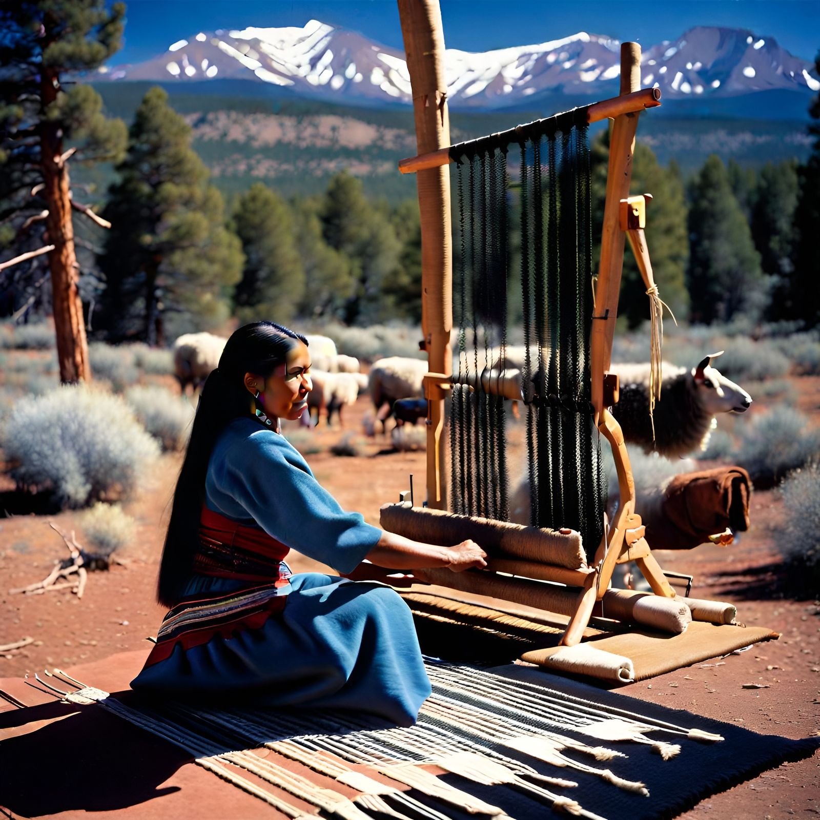 Navajo Woman Weaving Rug Under Western Pines