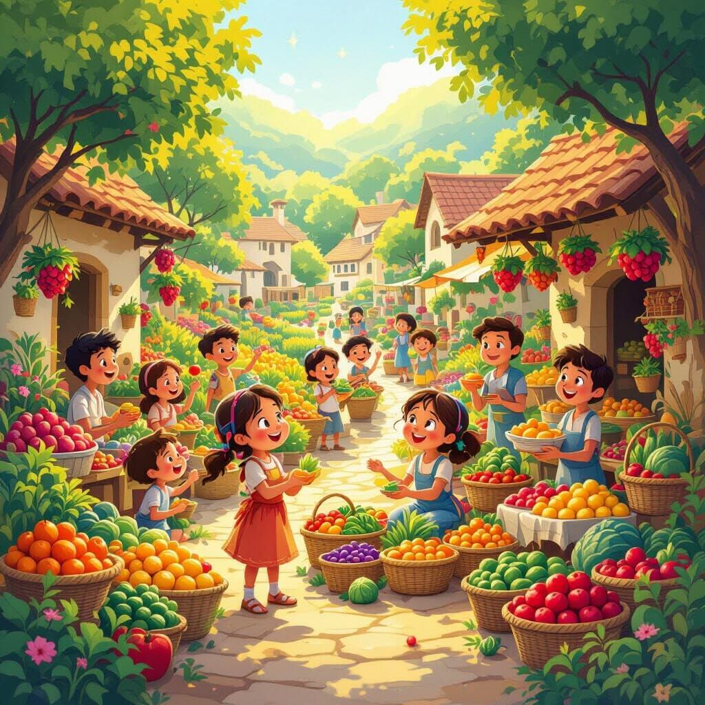 Abundant Village Harvest Celebration in Storybook Style