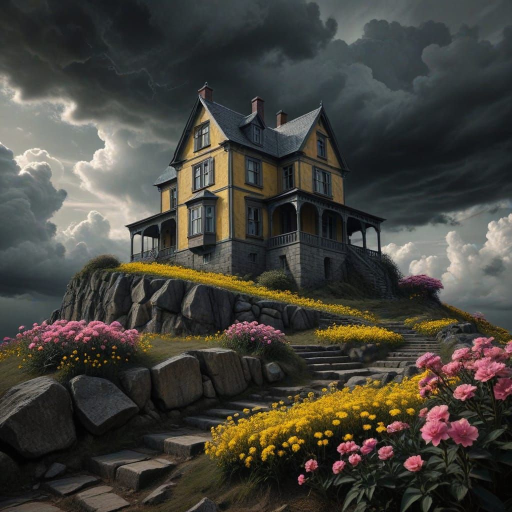 Mysterious Yellow Stone House Under Dark Stormy Skies