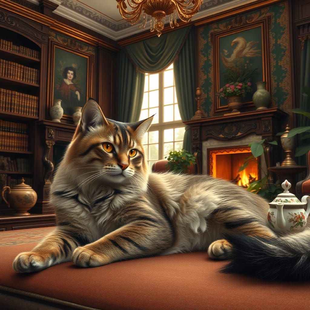 Victorian Cat: Hyperrealistic Elegance in Opulent Parlor
