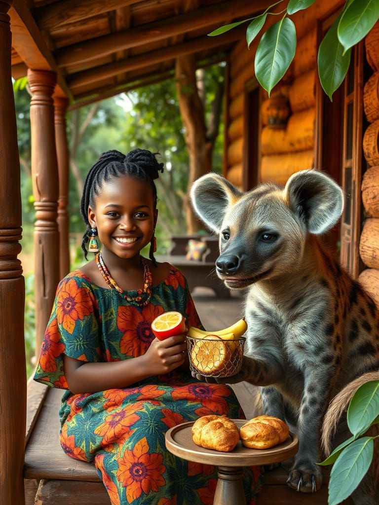 African Girl and Hyena Share Tranquil Moment on Verandah