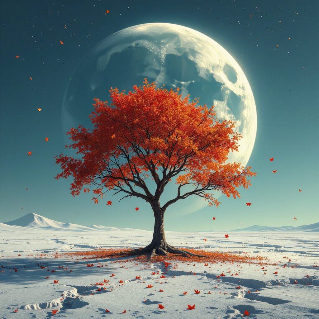 Autumn Maple Tree on Lunar Plain with Earth Glow